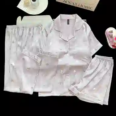 夏芬妍 简约休闲高级感蝴蝶冰丝翻领带胸垫家居服舒适亲肤短袖可外穿睡衣套装 女款 紫色