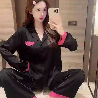 夏芬妍 简约休闲高级感蕾丝翻领家居服舒适亲肤长袖长裤可外穿睡衣套装 女款 黑色
