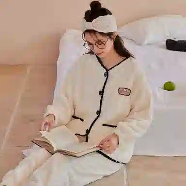 夏芬妍 休闲舒适宽松时尚贴袋开衫家居服加绒加厚保暖蓄温长袖长裤可外穿秋冬款睡衣套装 女款 杏色