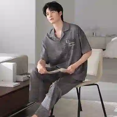 夏芬妍 简约时尚大方柔软舒适不规则纹理翻领家居服亲肤休闲短袖长裤可外穿睡衣套装 男款 灰色