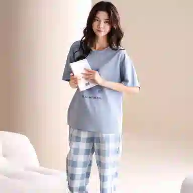夏芬妍 简约舒适柔软复古格子小熊纯棉家居服透气亲肤宽松短袖圆领套头三件套可外穿睡衣套装 女款 蓝色