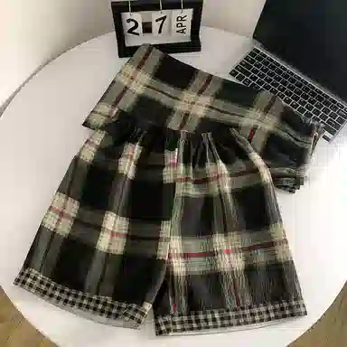 夏芬妍 柔软舒适经典格子云朵棉翻领开衫家居服亲肤休闲短袖三件套时尚可外穿夏季睡衣套装 男女同款