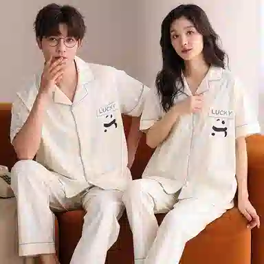 夏芬妍 柔软舒适条纹熊猫纯棉翻领家居服休闲舒适短袖短裤时尚可外穿 睡衣套装 男女同款