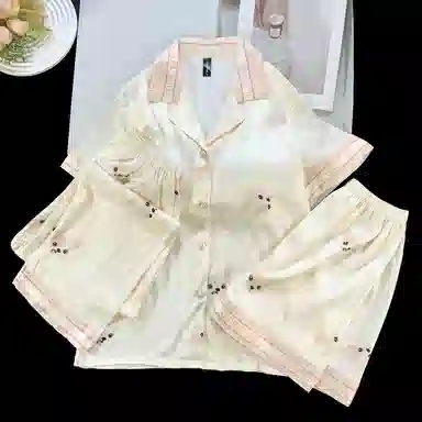 夏芬妍 简约休闲高级感法斗冰丝翻领带胸垫家居服舒适亲肤宽松长袖长裤可外穿睡衣套装 女款 杏色