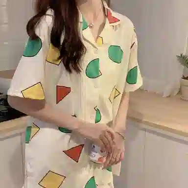 夏芬妍 简约舒适卡通几何图案翻领家居服亲肤宽松休闲短袖短裤长裤三件套可外穿睡衣套装 女款 杏黄色
