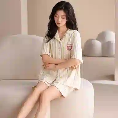 夏芬妍 甜美可爱条纹爱心小熊舒适亲肤宽松短袖短裤时尚翻领可外穿家居服睡衣套装 女款 杏色