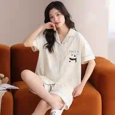 夏芬妍 柔软舒适条纹熊猫纯棉翻领家居服休闲舒适短袖短裤时尚可外穿 睡衣套装 男女同款