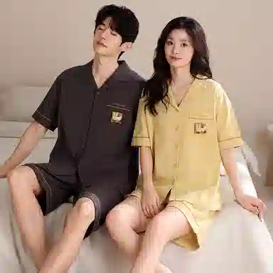 夏芬妍 简约舒适柔软纯色卡通兔子纯棉翻领家居服透气亲肤宽松短袖短裤可外穿睡衣套装 男女同款