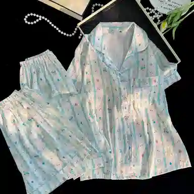 夏芬妍 可爱舒适卡通条纹小熊冰丝翻领家居服亲肤休闲短袖三件套时尚可外穿睡衣套装 女款