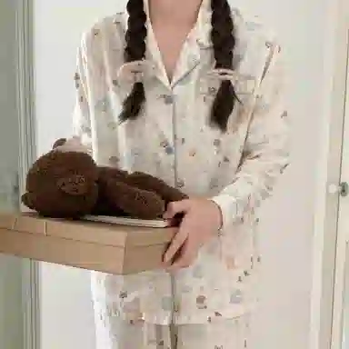 夏芬妍 柔软舒适萌狗乐园云朵棉开衫家居服亲肤休闲长袖长裤可外穿春秋款睡衣套装 女款 杏色
