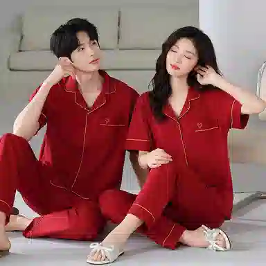 夏芬妍 喜气简约柔软舒适翻领开衫中国红本命年家居服亲肤休闲短袖长裤时尚可外穿睡衣套装 男女同款