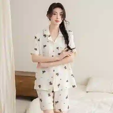 夏芬妍 甜美可爱卡通婴儿棉双层纱翻领短袖短裤家居服简约休闲可外穿睡衣套装 女款