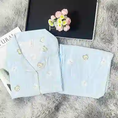 夏芬妍 简约卡通满印圆点小熊翻领云朵棉短袖长裤家居服可爱舒适休闲可外穿睡衣套装 女款 蓝色