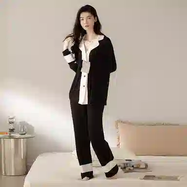 夏芬妍 简约高级感开衫家居服保暖蓄温可外穿长袖长裤睡衣套装 女款 黑色