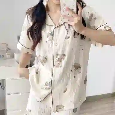 夏芬妍 甜美休闲舒适时尚气球小熊双层棉纱翻领家居服亲肤宽松短袖短裤可外穿睡衣套装 女款 杏色