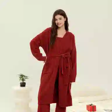 夏芬妍 简约时尚亲肤加厚保暖舒适休闲宽松可外穿睡衣套装 女款 红色