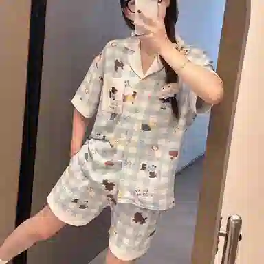 夏芬妍 柔软舒适格子小狗云朵棉翻领开衫家居服亲肤休闲短袖短裤时尚可外穿睡衣套装 女款 蓝色