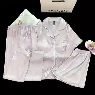 夏芬妍 简约休闲高级感蝴蝶结冰丝翻领带胸垫家居服舒适亲肤宽松短袖三件套可外穿睡衣套装 女款 紫色