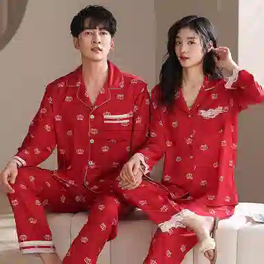 夏芬妍 大红喜庆系列  舒适丝滑柔软结婚本命年皇冠印花翻领丝绸冰丝家居服休闲长袖短袖长裤可外穿睡衣套装 男女同款