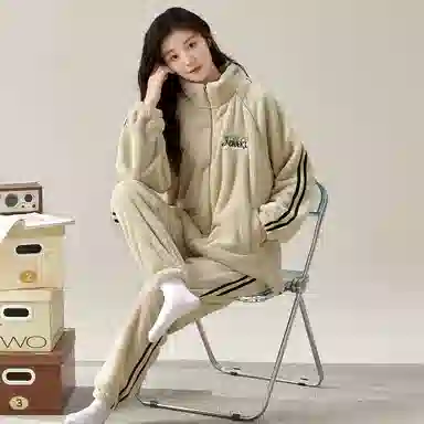 夏芬妍 简约亲肤时尚家居加厚保暖舒适可外穿长袖长裤睡衣套装 女款 浅卡色
