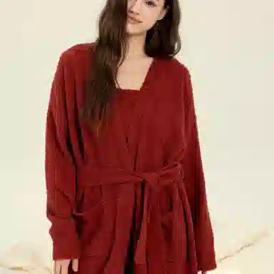 夏芬妍 简约时尚亲肤加厚保暖舒适休闲宽松可外穿睡衣套装 女款 红色