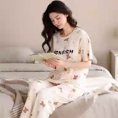 夏芬妍 简约舒适柔软碎花小熊纯棉家居服透气亲肤宽松短袖圆领套头三件套可外穿睡衣套装 女款 杏色