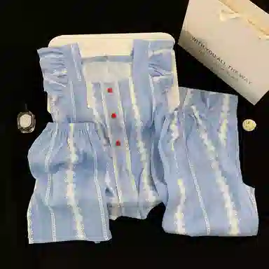 夏芬妍 甜美少女风蕾丝条纹小飞袖家居服舒适柔软休闲带胸垫三件套可外穿睡衣套装 女款