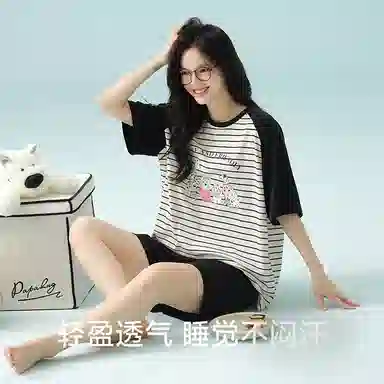 夏芬妍 柔软舒适透气亲肤条纹萌狗圆领家居服休闲凉感短袖时尚可外穿睡衣套装 女款 黑色