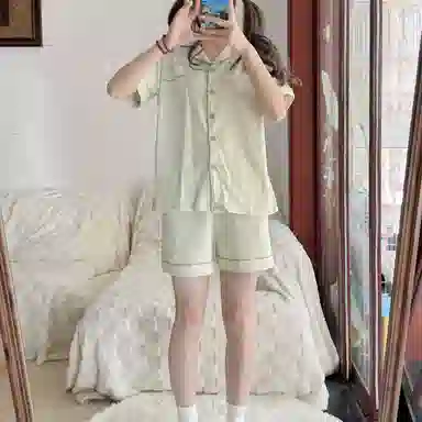 夏芬妍 简约休闲舒适时尚纯色纯棉翻领家居服亲肤宽松短袖短裤可外穿睡衣套装 女款