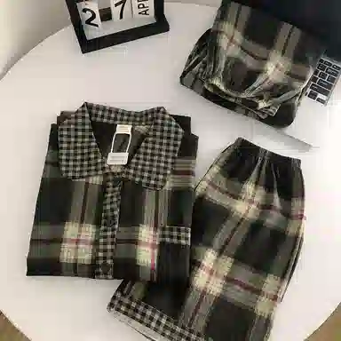 夏芬妍 柔软舒适经典格子云朵棉翻领开衫家居服亲肤休闲短袖三件套时尚可外穿夏季睡衣套装 男女同款