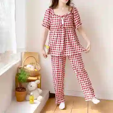 夏芬妍 甜美公主风复古格子云朵棉带胸垫短袖长裤家居服可爱舒适休闲可外穿睡衣套装 女款 红色