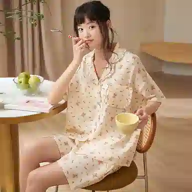 夏芬妍 甜美柔软舒适蝴蝶结小樱桃云朵棉翻领家居服亲肤休闲短袖短裤可外穿睡衣套装 女款 杏色