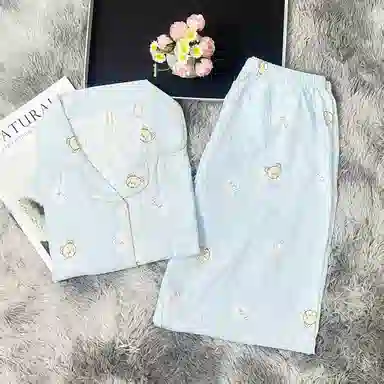 夏芬妍 简约卡通满印圆点小熊翻领云朵棉短袖长裤家居服可爱舒适休闲可外穿睡衣套装 女款 蓝色