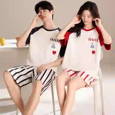 夏芬妍 简约柔软舒适爱心条纹兔子纯棉圆领家居服透气亲肤宽松短袖短裤可外穿睡衣套装 男女同款