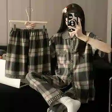 夏芬妍 柔软舒适经典格子云朵棉翻领开衫家居服亲肤休闲短袖三件套时尚可外穿夏季睡衣套装 男女同款