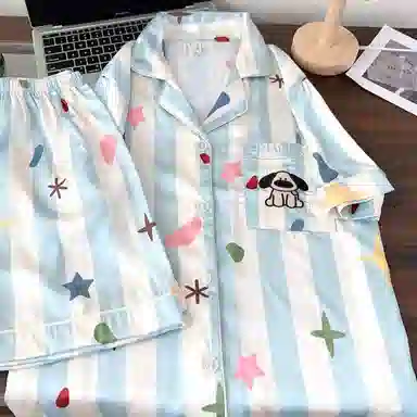 夏芬妍 甜美休闲舒适条纹星星小狗冰丝家居服亲肤宽松短袖短裤长裤时尚可外穿睡衣套装 女款
