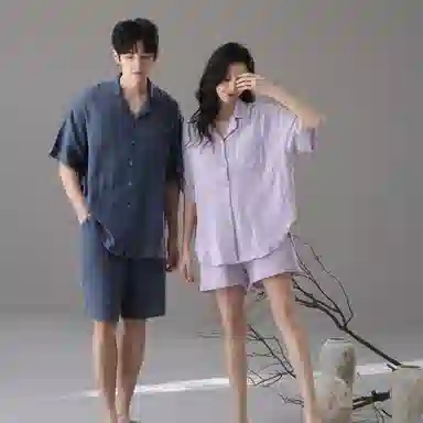 夏芬妍 简约舒适轻盈柔软纯色翻领婴儿棉双层纱家居服休闲亲肤宽松短袖短裤可外穿睡衣套装 男女同款