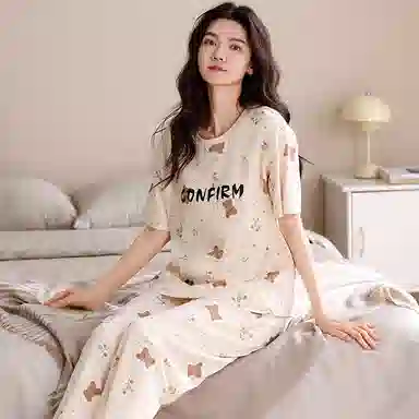 夏芬妍 简约舒适柔软碎花小熊纯棉家居服透气亲肤宽松短袖圆领套头三件套可外穿睡衣套装 女款 杏色