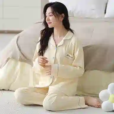 夏芬妍 休闲舒适简约高级感千鸟格满印经典翻领开衫宽松柔软亲肤长袖长裤可外穿睡衣套装 女款 黄色