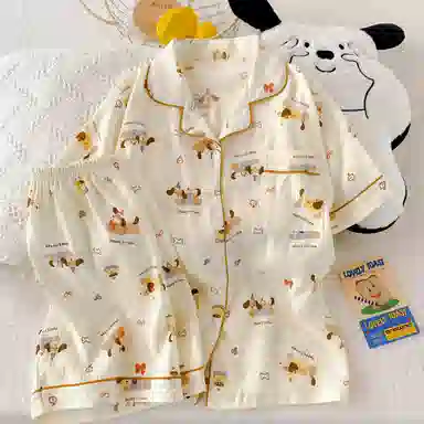 夏芬妍 柔软舒适欢乐腊肠狗云朵棉翻领开衫家居服亲肤休闲短袖短裤可外穿睡衣套装 女款 杏色