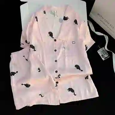 夏芬妍 甜美可爱卡通小黑猫冰丝翻领短袖短裤家居服柔软舒适休闲可外穿夏季睡衣套装 女款
