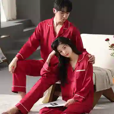 夏芬妍 大红喜庆系列  柔软舒适丝滑结婚本命年翻领冰丝家居服休闲长袖长裤短袖短裤可外穿睡衣套装 男女同款