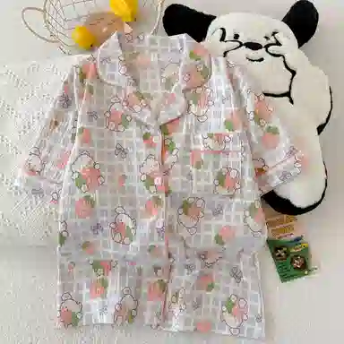 夏芬妍 柔软舒适格子草莓兔云朵棉翻领开衫家居服亲肤休闲短袖短裤休闲可外穿睡衣套装 女款