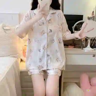 夏芬妍 柔软舒适可爱小猫咪云朵棉翻领开衫家居服亲肤休闲短袖短裤可外穿睡衣套装 女款 杏色