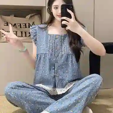 夏芬妍  甜美少女风碎花满印背心家居服舒适柔软休闲带胸垫三件套可外穿睡衣套装 女款