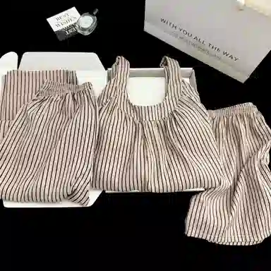 夏芬妍 简约韩式风气质条纹吊带家居服舒适柔软休闲带胸垫三件套可外穿睡衣套装 女款