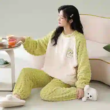 夏芬妍 舒适柔软圆领家居服加厚蓄温保暖长袖长裤可外穿睡衣套装 女款 绿色