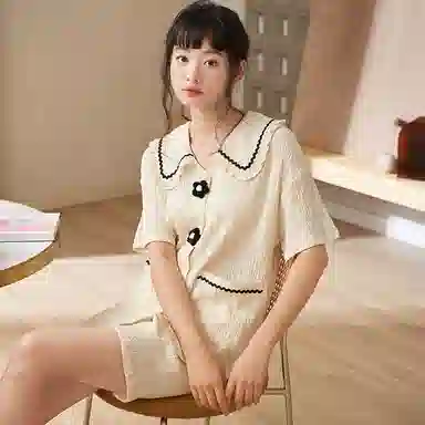 夏芬妍 甜美柔软舒适纯色花朵云朵棉公主翻领家居服亲肤休闲短袖短裤可外穿睡衣套装 女款 杏色