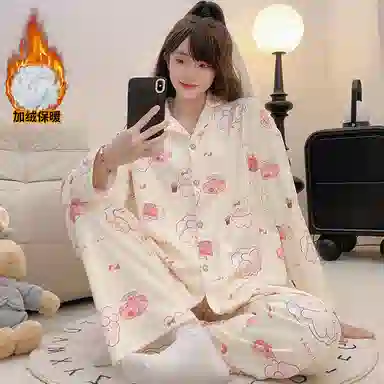 夏芬妍 舒适亲肤幸运兔满印德绒家居服加绒加厚保暖蓄温长袖长裤可外穿秋冬款睡衣礼盒 女款 杏色