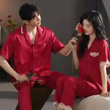 夏芬妍 大红喜庆系列  舒适丝滑柔软结婚本命年翻领冰丝家居服休闲长袖长裤短袖短裤可外穿睡衣套装 男女同款